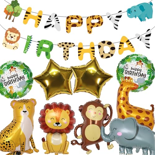 6 Stück Zoo Dschungel Geburtstag Deko, 1. Geburtstagsdeko mit Giraffe Folienballon Nummer 1, Goldene Pentagramm Ballon, Geburtstag Banner für die Kindergeburtstag Deko von DALAETUS