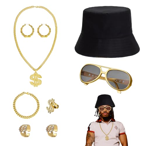8 Stück Hip Hop Kostüm Set,80er 90er Zuhälter Kostüm für Rollenspiel,Dollar Kette Set für Cosplay Mottoparty (Halskette Armband Sonnenbrille Ring Hut Ohrringe) von DALAETUS