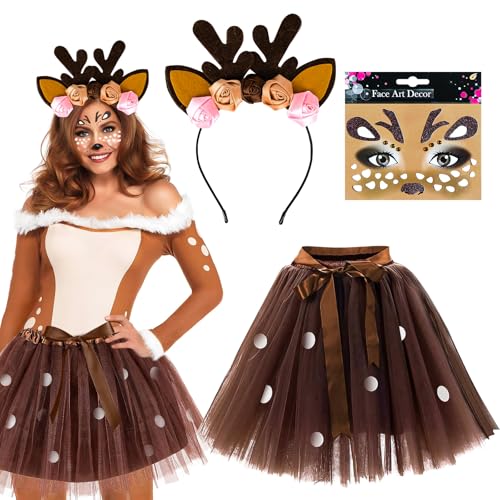 Reh Kostüm Damen, Rentier Karneval Damenkostüm mit Geweih Haarband, Tüllrock Brauner Tutu Rock, Rentier Gesicht Tattoos, Bambi Kostüm Damen für Fasching Karneval Cosplay Mottoparty von DAMIGHT