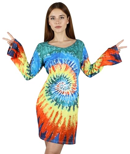 DANAZANA Damen Halloween Floral 1960er 1970er Hippie Kostüm Kleid Frauen Groovy Hippie inspiriert Glockenärmel Kleider Retro A Linie Minikleid Vintage Boho Cowgirl Kostüme Woodstock Party von DANAZANA
