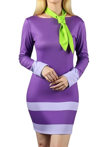 DANAZANA Halloween-Party-Kostüm für Damen, figurbetonte Kleider mit grünem Schal, lange Ärmel, Minikleid, Größe XS-XL, Lavendel-Kleid mit Schal, Large von DANAZANA