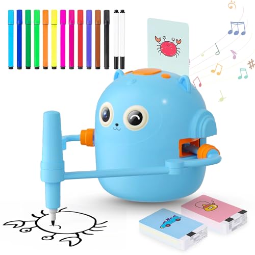 DANLIKT Zeichnungsroboter für Kinder, Interaktives Pädagogisches Drawing Robot mit 100 Zeichenkarten & 12 Aquarellstiften für Jungen Mädchen (Blue) von DANLIKT