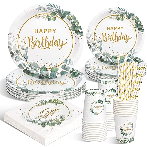 DANXIAN Geburtstagsdeko Partygeschirr Set, Pappteller Kindergeburtstag, Eukalyptus Pappteller, Happy Birthday Deko Partyzubehör Pappteller für Junge Mädchen Partys 20 Gäste von DANXIAN