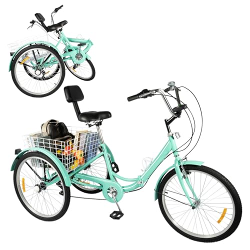 DAOHHFO 24 Zoll Dreirad für Erwachsene, 7 Gang 3 Räder Adult Fahrrad Erwachsenendreirad mit LED Licht und Gemüsekorb, Höhenverstellbares Tricycle Senioren Dreiräder, bis 120kg (Grün) von DAOHHFO