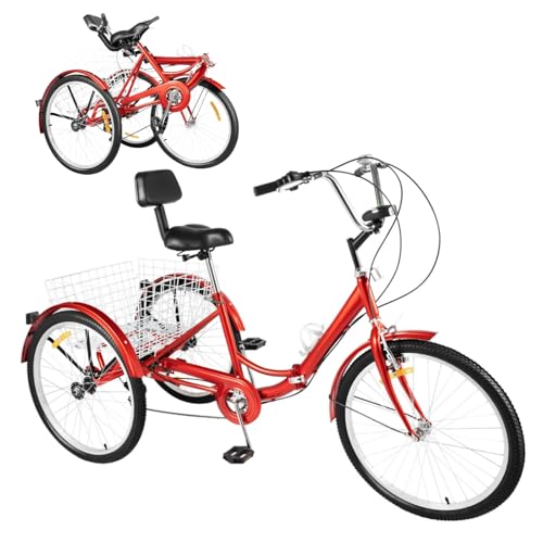 DAOHHFO 24 Zoll Dreirad für Erwachsene, 7 Gang 3 Räder Adult Fahrrad Erwachsenendreirad mit LED Licht und Gemüsekorb, Höhenverstellbares Tricycle Senioren Dreiräder, bis 120kg (Rot) von DAOHHFO