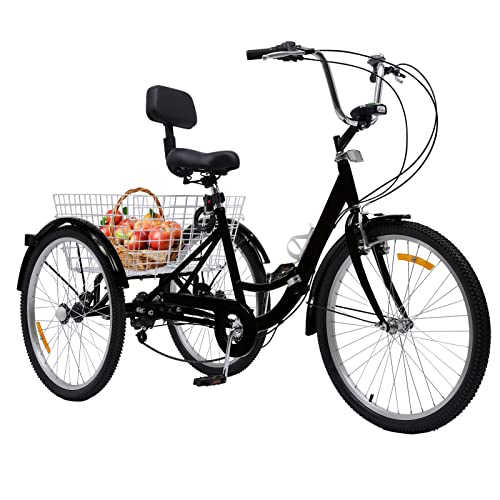 DAOHHFO 24 Zoll Dreirad für Erwachsene, 7 Gang 3 Räder Adult Fahrrad Erwachsenendreirad mit LED Licht und Gemüsekorb, Höhenverstellbares Tricycle Senioren Dreiräder, bis 120kg (Schwarz) von DAOHHFO