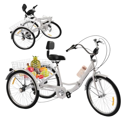 DAOHHFO 24 Zoll Dreirad für Erwachsene, 7 Gang 3 Räder Adult Fahrrad Erwachsenendreirad mit LED Licht und Gemüsekorb, Höhenverstellbares Tricycle Senioren Dreiräder, bis 120kg (Weiß) von DAOHHFO