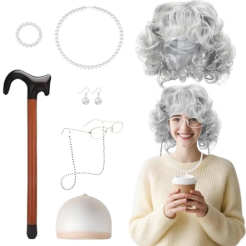 DAOOZHU Oma Kostüm Zubehör Set mit Perücke,Brille und Kette für Karneval,Mottoparty und Halloween DAOOZHU Oma Kostüm Zubehör Set mit Perücke,Brille und Kette für Karneval,Mottoparty und Halloween von DAOOZHU