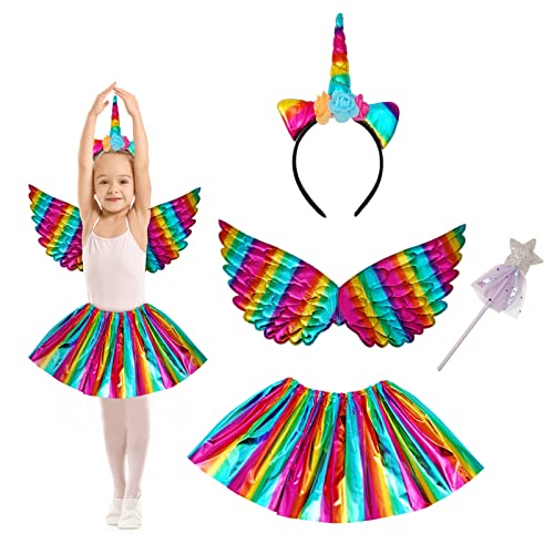 DAOUZL Einhorn Kostüm Prinzessin Set, 4 Stück Einhorn Kostüm Kinder, Einhorn Haarreif Flügel Zauberstab mit Tutu Rock, Unicorn Kostüme Kinder für Karneval,Cosplay,Halloween,Kindergeburtstag von DAOUZL