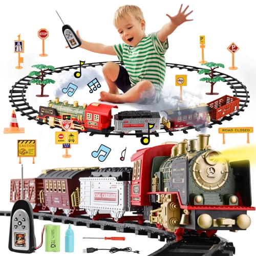 DAOUZL Elektrischer Zug Set für Kinder, Weihnachtszug Elektrisch, Fernbedienung Dampfzug Spielzeug mit Rauch, Licht, Sound und Wiederaufladbar, Elektrischer Zug Spielzeug für Kinder ab 3 Jahren von DAOUZL
