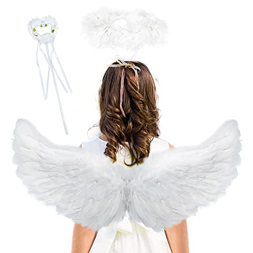 DAOUZL Engelsflügel, Engel Flügel Kostüm mit Heiligenschein und Zauberstab, Engel Kostüme Federn, Weisse Flügel, Weiße Flügel Mädchen,Engel Flügel Kinder für Halloween Karneval Cosplay Party von DAOUZL