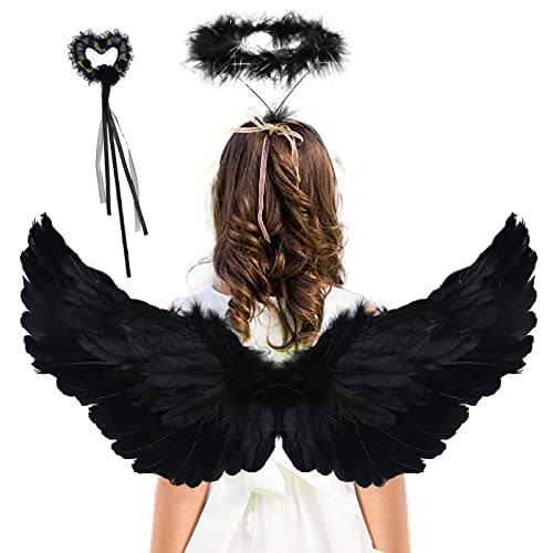 DAOUZL Engelsflügel Schwarz, Engel Flügel Kostüm mit Heiligenschein und Zauberstab, Engelsflügel Deko, Schwarz Flügel, Engel Flügel Kinder für Halloween Karneval Party Fasching Kostüme von DAOUZL