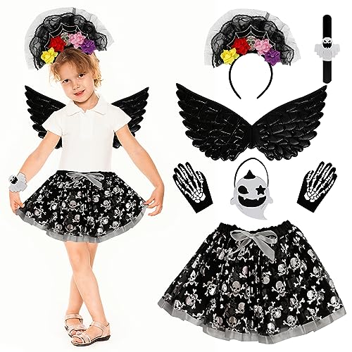 DAOUZL Halloween Kostüm Mädchen,Skelett Kostüm für Kinder,Halloween Kostüm Kinder mit Haareif,Tutu Rock,Flügel und DIY Süßigkeiten Tüte usw,Skelett Kostüm Kinder Mädchen für Halloween Karneval Cosplay von DAOUZL