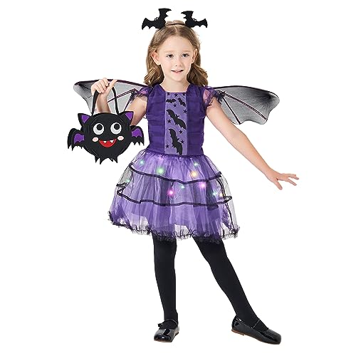 DAOUZL Halloween Kostüm Fledermaus Mädchen, Kinder Fledermaus Kleid mit Haareif, Lila Leuchtendes Tutu Rock, Flügel und Handtasche, Fledermaus Kostüm Mädchen für Halloween Karneval Cosplay Party von DAOUZL