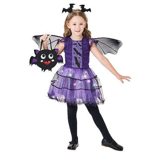 DAOUZL Halloween Kostüm Fledermaus Mädchen, Kinder Fledermaus Kleid mit Haareif, Lila Leuchtendes Tutu Rock, Flügel und Handtasche, Fledermaus Kostüm Mädchen für Halloween Karneval Cosplay Party DAOUZL Halloween Kostüm Fledermaus Mädchen, Kinder Fledermaus Kleid mit Haareif, Lila Leuchtendes Tutu Rock, Flügel und Handtasche, Fledermaus Kostüm Mädchen für Halloween Karneval Cosplay Party von DAOUZL