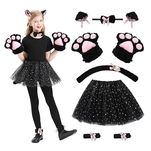 DAOUZL Katzenkostüm Kinder, 9 Stück katzen kostüm, Katze Cosplay Set mit Tutu Rock Schwanz Fliege Katzenpfoten Handschuhe Ohren, Tierkostüm Set für Kinder für Halloween Fasching Karneval (Schwarz) DAOUZL Katzenkostüm Kinder, 9 Stück katzen kostüm, Katze Cosplay Set mit Tutu Rock Schwanz Fliege Katzenpfoten Handschuhe Ohren, Tierkostüm Set für Kinder für Halloween Fasching Karneval (Schwarz) von DAOUZL