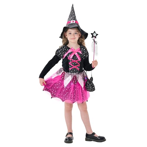 DAOUZL Mädchen Hexen Kostüm, LED Hexenkleid Kinder, Kinder Zauberer Verkleiden Cosplay Kostüm Set mit Rosa Leuchtendes Tutu Rock, Hexenkleid LED Kleid für Halloween Karneval Cosplay Party von DAOUZL