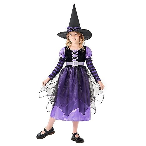 DAOUZL Mädchen Hexenkostüm, Kinder Hexen Kleid, Lila-Schwarz Lange Hexenkleid mit Hexenhut, Mädchen Kostüm Halloween, Mädchen Hexen Kostüm für Halloween Karneval (L) von DAOUZL