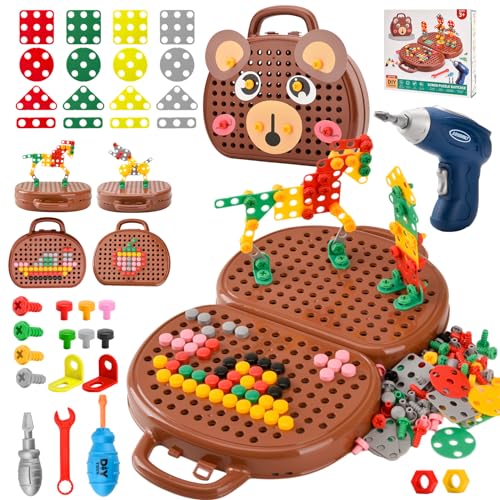 DAOUZL Montessori Spielzeugkiste mit Bohrmaschine, Magische Montessori-Spielzeugkiste, Mosaik Puzzle Spielzeug Bohrer Schraube Werkzeug Set, Montessori Spielzeug ab 3 Jahre (A) von DAOUZL