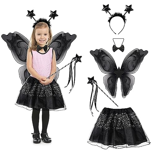 DAOUZL Schmetterling Kostüm Mädchen Schwarz, Halloween Kostüm Kinder, 5 PCS Mädchen Schwarz Schmetterling Flügel Set, Feen kostüm Kinder für Halloween Karneval Cosplay Party von DAOUZL