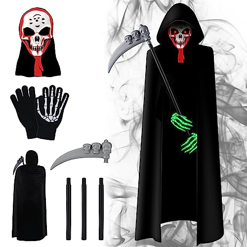 DAOUZL Sensenmann Halloween Kostüm Set mit Blutrote Sensenmann Maske, Im Dunkeln leuchtende Handschuhe, Sense und Umhang, Kostüm für Halloween Karneval Cosplay von DAOUZL