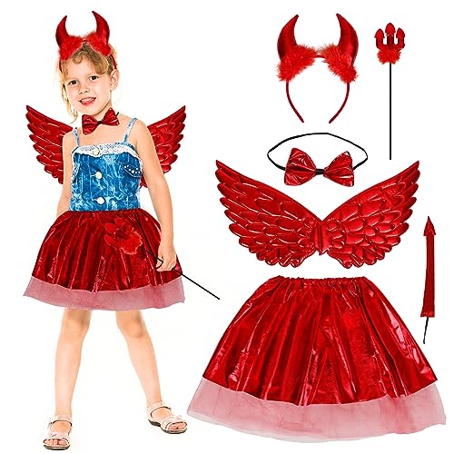 DAOUZL Teufel Kostüm Kinder, Halloween Teufel Kostüm, Halloween Kostüm mit Rote Flügel Teufelshörner Schwanz Fliege Tutu und Zauberstab, Teufelshörner Kostüm Set für Halloween Karneval Cosplay Party von DAOUZL