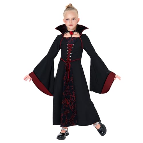 DAOUZL Vampir Kostüm Mädchen, Vampir Prinzessin Kostüm, Gothic Royal Vampir Vampirin, Halloween Kostüme Kinder, Halloween Kostüm Vampir, Gothic Vampirkostüm für Halloween, Rollenspiel, Karneval (120) von DAOUZL