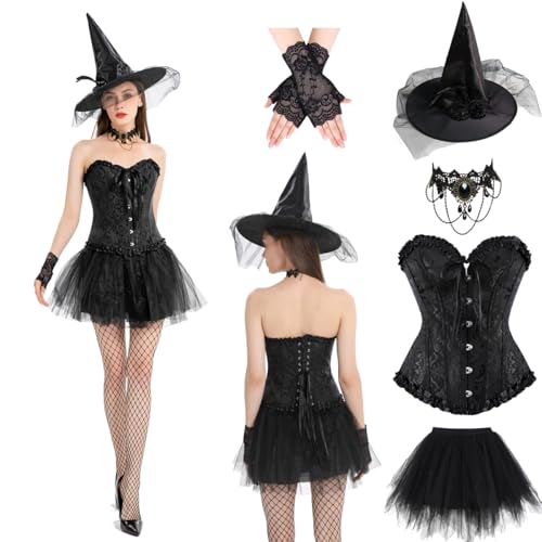 DARKNINET Halloween Cosplay Gothic Spitze Knoed Korsett für Frauen Spitze Rücken Korsett Kleid Hut Halskette 6 Stück komplettes Set, Schwarz, L DARKNINET Halloween Cosplay Gothic Spitze Knoed Korsett für Frauen Spitze Rücken Korsett Kleid Hut Halskette 6 Stück komplettes Set, Schwarz, L von DARKNINET