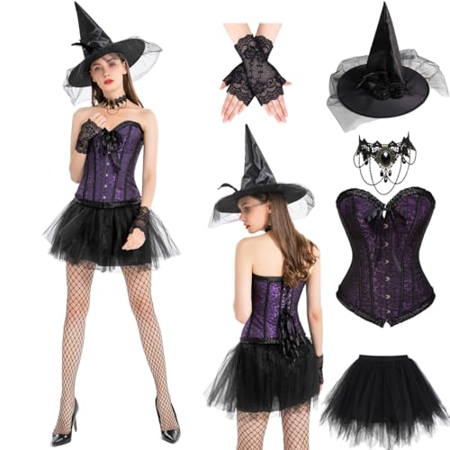 DARKNINET Halloween Cosplay Gothic Spitze Knoed Korsett für Frauen Spitze Rücken Korsett Kleid Hut Halskette 6 Stück komplettes Set, Violett, XL von DARKNINET