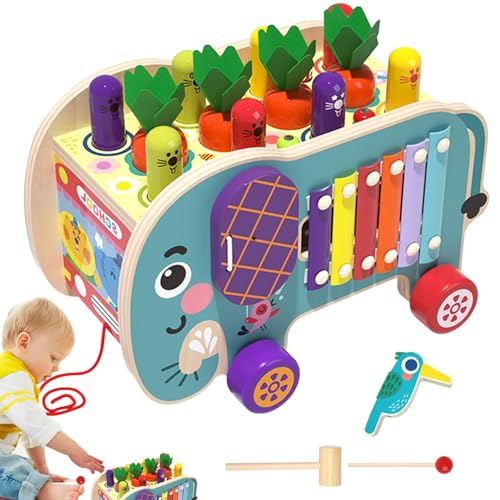 DASHIELL 8-in-1-Montessori-Spielzeug, Holz-Montessori-Würfel - Tierlabyrinthuhr, Lernspielzeug zum Ziehen von Karotten - 8-in-1-Design-Aktivitätsanhänger, Elefanten-Thema, verbessert die Feinmotorik von DASHIELL