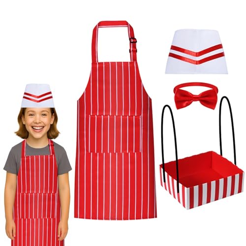 DASHUAIGE 4-teiliges Kellner-Kostüm-Set aus den 1950er-Jahren, Soda-Jerk-Kostüm-Set mit rot-weiß gestreiften Schürzen, Kochmütze, roten Fliegen und Snack-Tablett für Kinder-Kostüm, Cosplay, Party von DASHUAIGE
