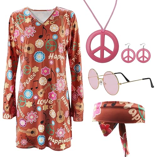 DASIAUTOEM 5 Stück Hippie Kostüm Damen Set, 60 er 70er Hippie Kleid Set Kleid mit Musikmuster, Hippie Kleidung Damen, Hippie Kleid Damen Disco Outfit Faschingskostüm Mädchen für Karneval Party(L) von DASIAUTOEM