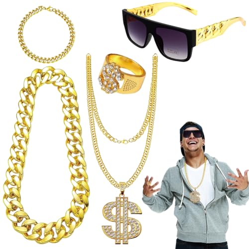 DASIAUTOEM Hip-Hop-Kostüm-Set, 5 Stück, 80er-90er-Jahre, Hip-Hop-Kostüm-Zubehör, Hip-Hop-Kostüm, goldfarbener Kettenring, flache Sonnenbrille, Rapper, große Kette für Rapper, Damen, Herren, Party, DASIAUTOEM Hip-Hop-Kostüm-Set, 5 Stück, 80er-90er-Jahre, Hip-Hop-Kostüm-Zubehör, Hip-Hop-Kostüm, goldfarbener Kettenring, flache Sonnenbrille, Rapper, große Kette für Rapper, Damen, Herren, Party, von DASIAUTOEM