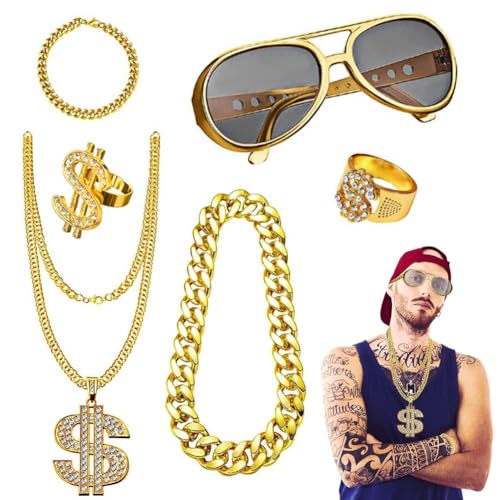 DASIAUTOEM Hip Hop Kostüm Set, 5 Stück 80er Jahre Outfit Herren Gangster Schmuck 80/90er Rapper Zubehör Dollarzeichen Goldkette Sonnenbrille Goldring Hippie Costume Set 2025 Karneval Kostüm Herren DASIAUTOEM Hip Hop Kostüm Set, 5 Stück 80er Jahre Outfit Herren Gangster Schmuck 80/90er Rapper Zubehör Dollarzeichen Goldkette Sonnenbrille Goldring Hippie Costume Set 2025 Karneval Kostüm Herren von DASIAUTOEM