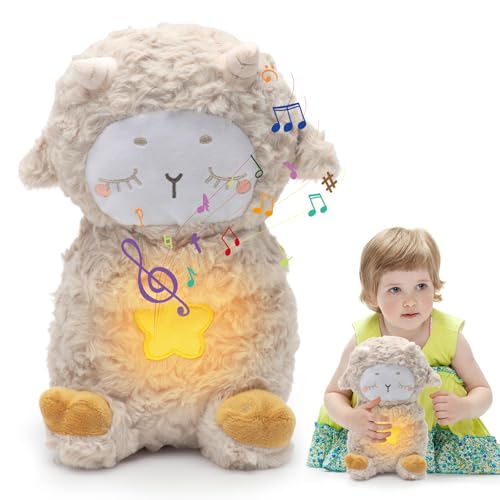 DASIAUTOEM Schlummer Kuscheltier Schaf, Baby Einschlafhilfe mit Herzschlag, Schlummer mit Sanfter Musik, Angstlinderung Plüschtiere, Kuscheltier Kinder Spielzeug, Babyparty Geschenk (Kaffee) von DASIAUTOEM