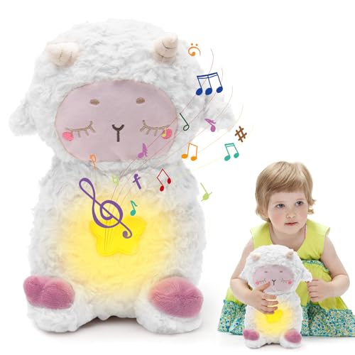 DASIAUTOEM Schlummer Kuscheltier Schaf, Baby Einschlafhilfe mit Herzschlag, Schlummer mit Sanfter Musik, Angstlinderung Plüschtiere, Kuscheltier Kinder Spielzeug, Babyparty Geschenk (Weiß) von DASIAUTOEM
