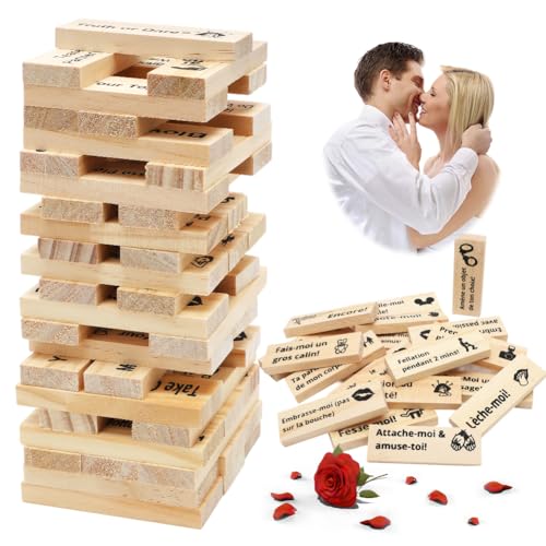 DASIAUTOEM The Lust Tower Blocks, Love & Naughty Stapelturm Holzblöcke, 48 Holzblöcke mit Wahrheit oder Pflicht Fragen und Herausforderungen für Valentinstag Paare Verabredungen, Frankreich von DASIAUTOEM