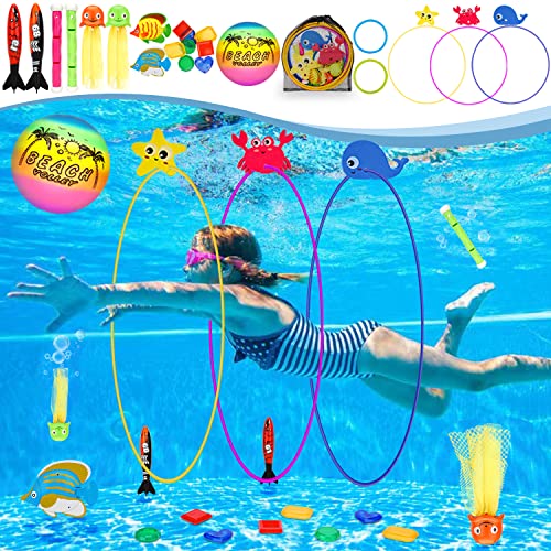 MutoToy® Tauchspielzeug, 27PCS Wasserspielzeug Kinder Outdoor Tauchringe für Kinder mit Spielball Tauchstöcke Edelsteine Pool Spielzeug Schwimmspielzeug für Tauchtraining Poolparty Schwimmbad von DAUXONE
