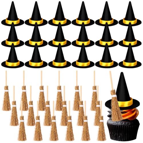 Mini-Hexenhüte mit Mini-Besen, Halloween-Party, Basteln, Hexen, Dekoration, Halloween-Zauberer-Zubehör, Hexen-Partygeschenke, Kunststoff-Hexenhüte und Besen für Feengarten, Basteln von DAVAXI