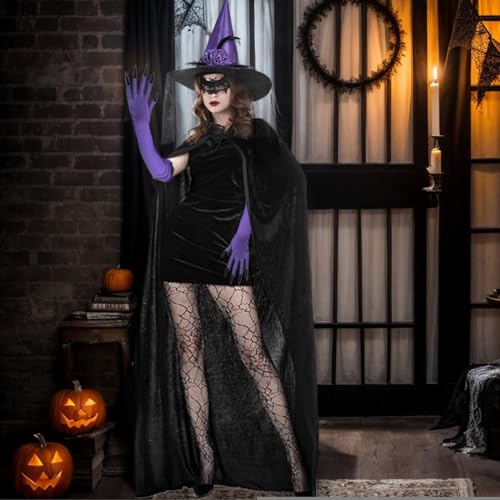 DAWCBVJQ Hexenkostüm Für Erwachsene Damen, Set Mit Hexenhandschuhen Für Damen, Halloween Spitzenmaske Socken Umhang Hut Für Bühne Veranstaltungen Hochzeit von DAWCBVJQ