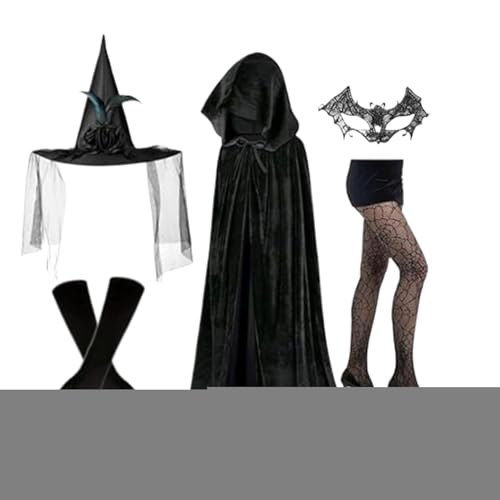 DAWCBVJQ Hexenkostüme Für Damen,Hexen Cosplay Set | Gothic Handschuhe Hut Spitzenmaske Socken Halloween Fest Rollenspiel von DAWCBVJQ