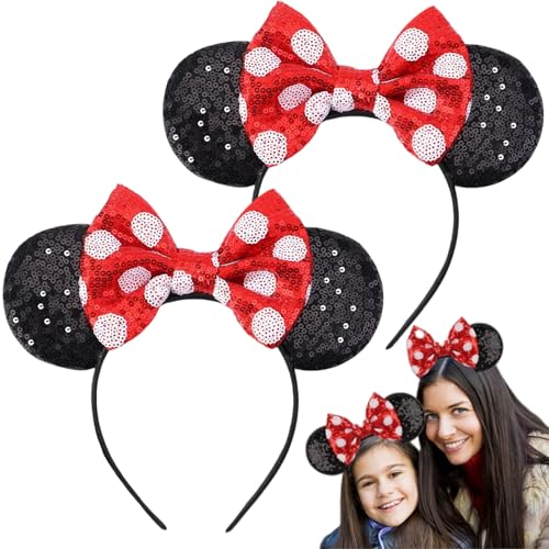 DAWOOWF Maus Ohren Stirnbänder Weißen Punkten,Pailletten Klassisch Rot Tupfen Schleifen-Stirnbänder Glitter Party Prinzessin Dekoration Cosplay Kostüm (Schwarz+Schwarz, Universelle Größe) von DAWOOWF