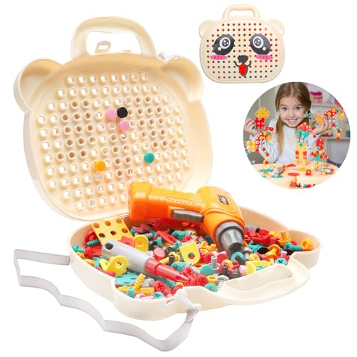 Montessori Spielzeugkiste mit Bohrmaschine, Magic Montessori Play Toolbox Montessori Werkzeugkoffer mit Bohrer Drill Toy Game Schrauben Kinderspielzeug Kinder Mosaik Steckspiel Spielzeug ab 3 Jahre von DAWRIS