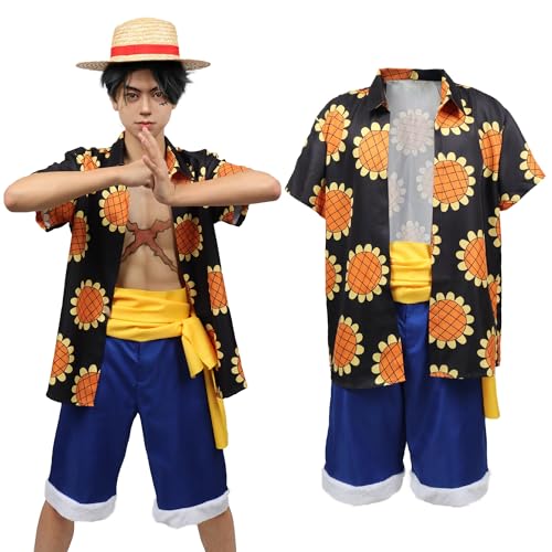 DAZCOS Anime Luffy Cosplay Kostüm Outfit Sonnenblume Shirt Shorts mit Schärpe für Herren (L) von DAZCOS