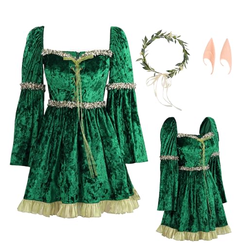 DAZCOS Damenkleid, Samt, Grün, Feenkleid, lange ausgestellte Ärmel, Prinzessinnen-Cosplay-Kostüm für Halloween (Grün, Samll) von DAZCOS