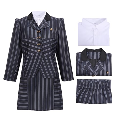 DAZCOS Hexen-Cosplay-Kostüm-Set für Damen, Erwachsene, gestreifte Uniform für Halloween, Hemd, Mantel, Rock, Schwarz, L DAZCOS Hexen-Cosplay-Kostüm-Set für Damen, Erwachsene, gestreifte Uniform für Halloween, Hemd, Mantel, Rock, Schwarz, L von DAZCOS