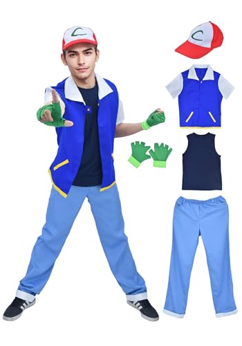 DAZCOS US-Größe Erwachsene Anime Monster Trainer Cosplay Kostüm Outfit mit Kappe Handschuhe, blau, X-Large von DAZCOS