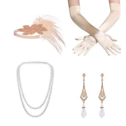 DAZZLUXE 1 Champagnerfarbener Anzug, Stirnband, Ohrringe, Halskette, Handschuhe, Damenaccessoires Der 1920er Jahre, Der Große Gatsby, Damenbekleidung Der 1920er Jahre DAZZLUXE 1 Champagnerfarbener Anzug, Stirnband, Ohrringe, Halskette, Handschuhe, Damenaccessoires Der 1920er Jahre, Der Große Gatsby, Damenbekleidung Der 1920er Jahre von DAZZLUXE