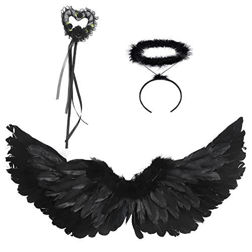 DAZZTIME 60CM,Engelsflügel Schwarz,Engel Kostüm Damen mit Heiligenschein und Zauberstab,Engels flügel Kostüm,Party Fasching Kostüme,für Karneval,Fasching,Mottoparty von DAZZTIME