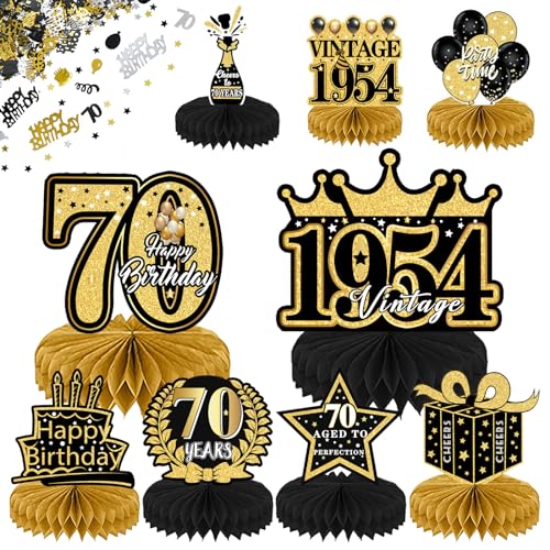 70. Geburtstag Tischdeko Set,70. Geburtstag Dekoration Mann, 10 Stück Schwarz und Gold 70. Geburtstag Deko Bienenwabe Mittelstück mit Tortendeko,15g Happy Birthday Konfetti,70. Geburtstag,70 Jahrestag von DAZZTIME